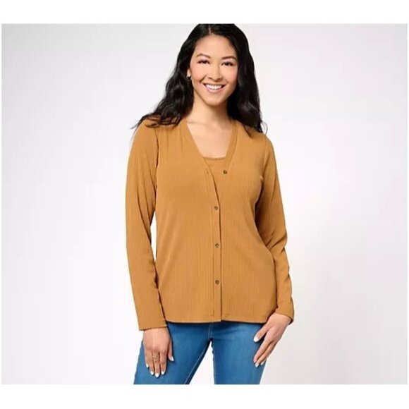 Susan Graver Rib Knit Button-Front Cardigan and Tank Set Golden Honey XS A607336 - Picture 1 of 2